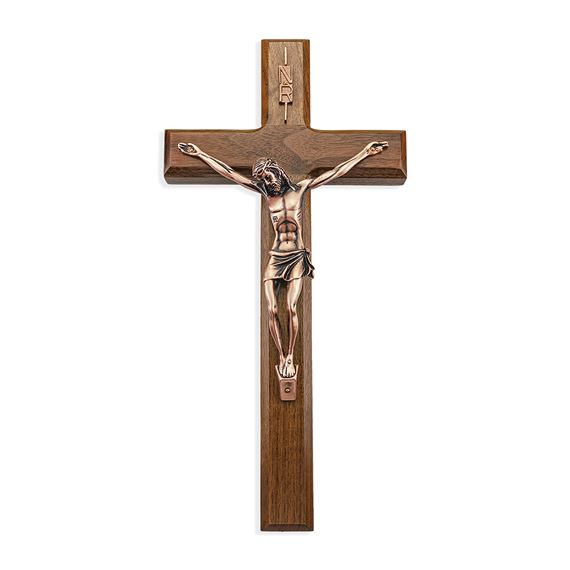 WALNUT CRUCIFIX WITH GENUINE ANTIQUE COPPER CORPUS - 12"