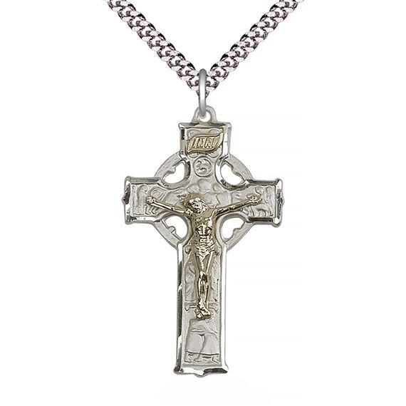 TWO-TONE MENS CELTIC CRUCIFIX PENDANT WITH CHAIN