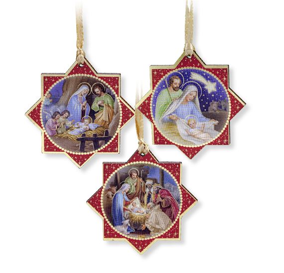 SET OF 3 WOODEN NATIVITY SCENE ORNAMENTS
