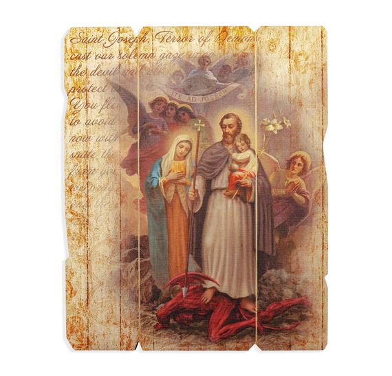 ST. JOSEPH TERROR OF DEMONS VINTAGE WOOD PLAQUE - 7½” x 9”
