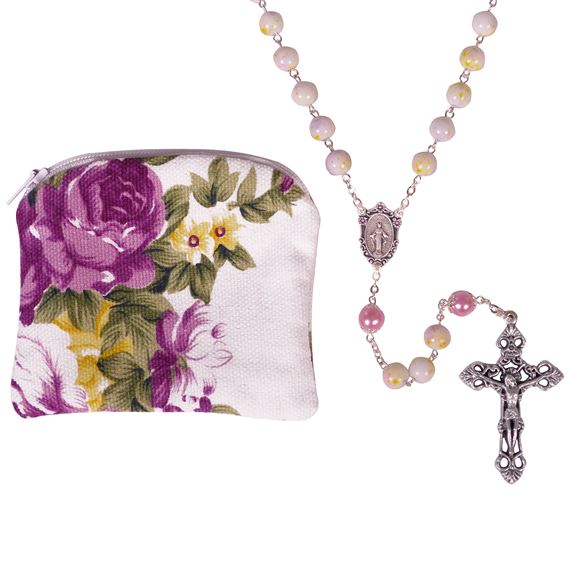 FLORAL GLASS BEAD ROSARY AND POUCH