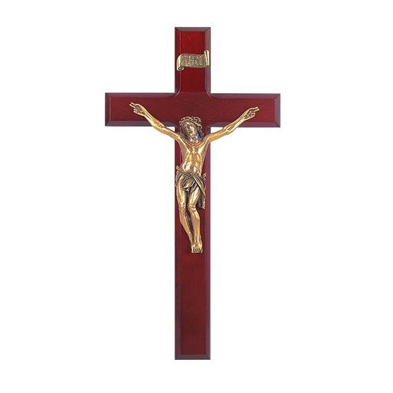 DARK CHERRY WOOD CRUCIFIX WITH ANTIQUE  BRONZE CORPUS - 12"