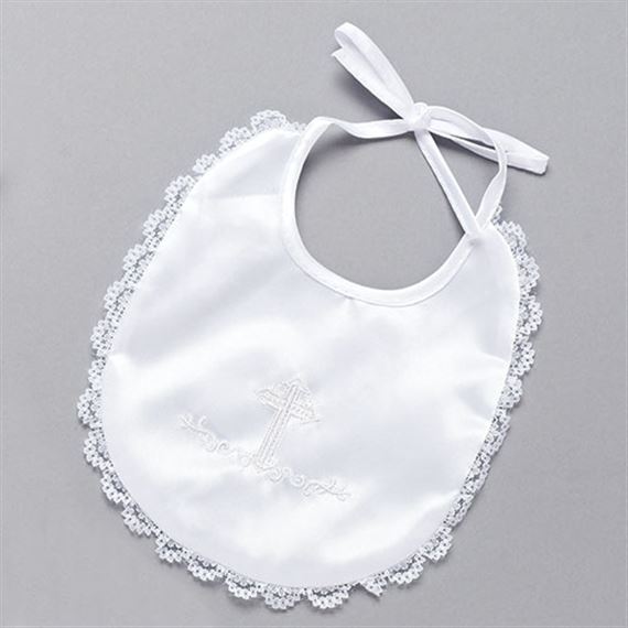 BAPTISMAL BIB WITH EMBOSSED CROSS AND LACE TRIM
