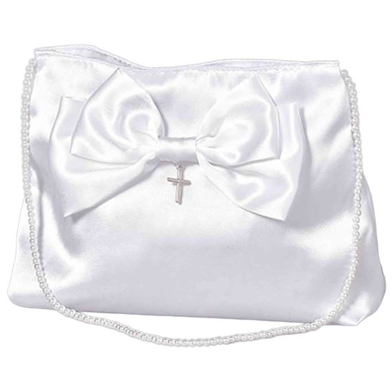 FIRST COMMUNION PURSE WITH BOW AND BEADED STRAP