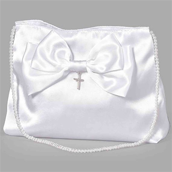FIRST COMMUNION PURSE WITH BOW AND BEADED STRAP