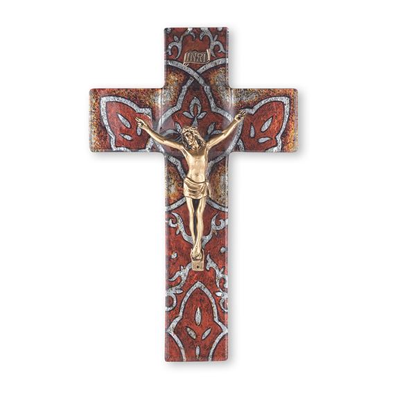 BURNT ORANGE GLASS CRUCIFIX WITH GOLD CORPUS