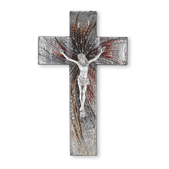 SHIMMERING SILVER GLASS CRUCIFIX WITH PEWTER CORPUS