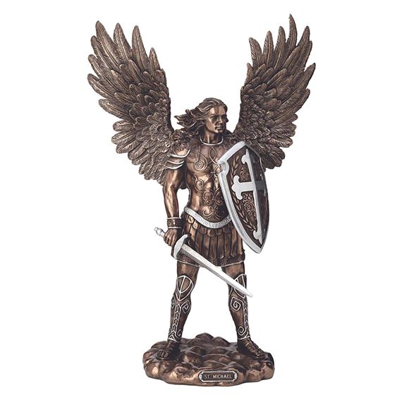SAINT MICHAEL WITH SHIELD COLD CAST BRONZE WITH PEWTER STYLE ACCENTS