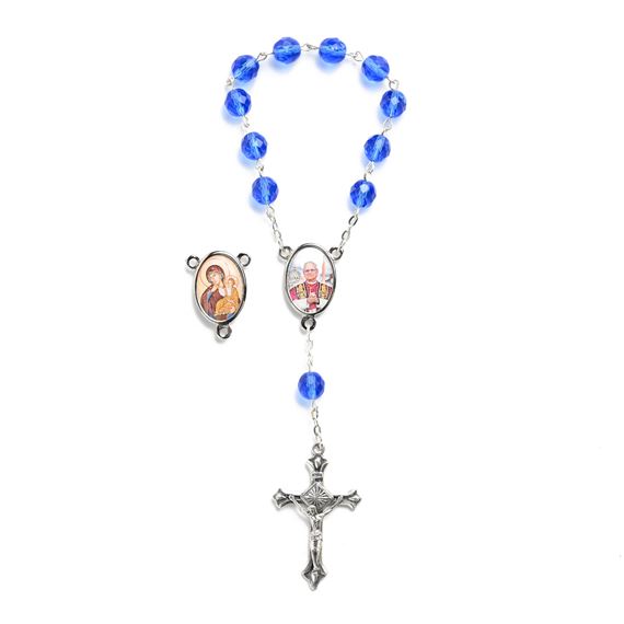 POPE LEO XIV SAPHIRE GLASS BEAD AUTO ROSARY