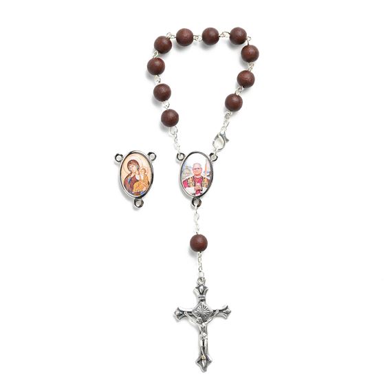 POPE LEO XIV BROWN WOOD BEAD AUTO ROSARY