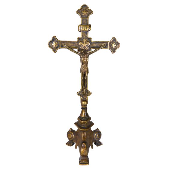 DOUBLE SIDED ANTIQUED BRASS STANDING CRUCIFIX
