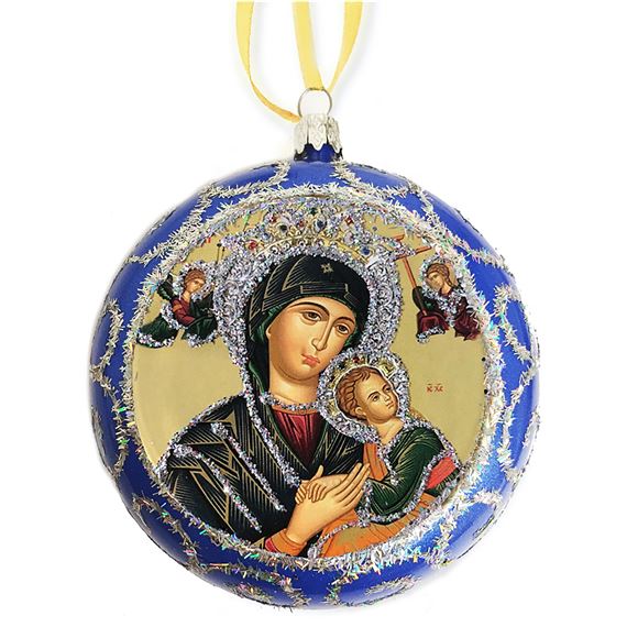 OUR LADY OF PERPETUAL HELP UKRAINIAN ICON ORNAMENT - BLUE