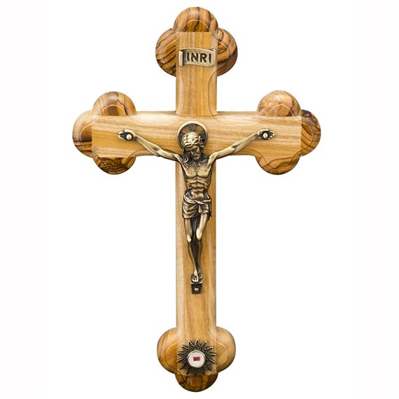 OLIVE WOOD CRUCIFIX WITH CLOTH TOUCHED TO BIRTHPLACE OF JESUS