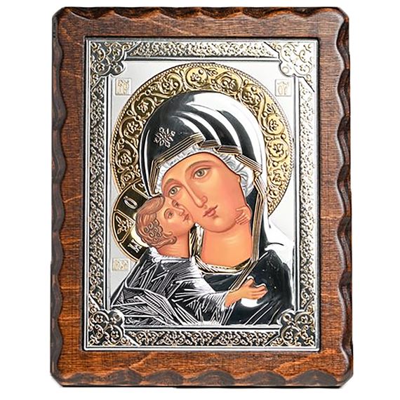 MARY AND CHILD SILVER AND GOLD ICON ON FINE WOOD PLAQUE