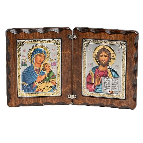 CHRIST THE TEACHER AND OUR LADY OF PERPETUAL HELP SILVER ICON DIPTYCH WITH COLOR - 5 7/8”
