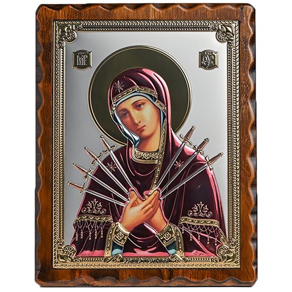OUR LADY OF SEVEN SORROWS PURE SILVER ICON WITH COLOR (9” x 11½”)
