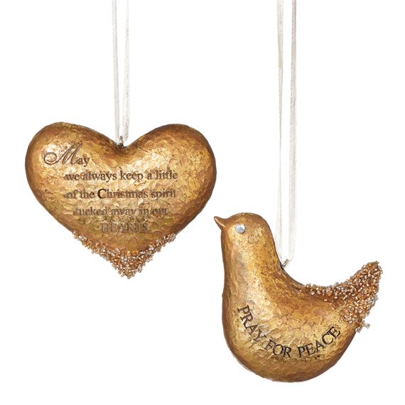 GOLD HEART AND DOVE ORNAMENT SET