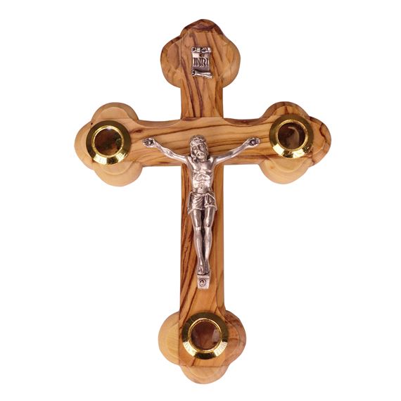 OLIVE WOOD CRUCIFIX WITH KEEPSAKES