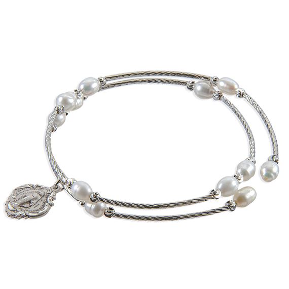 WHITE FRESHWATER PEARL DOUBLE WRAP BRACELET WITH MIRACULOUS MEDAL