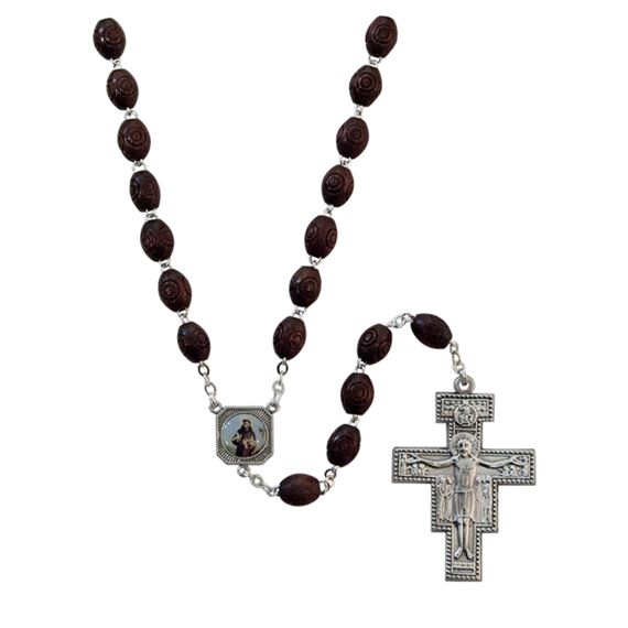 ST. FRANCIS OVAL WOOD BEAD ROSARY