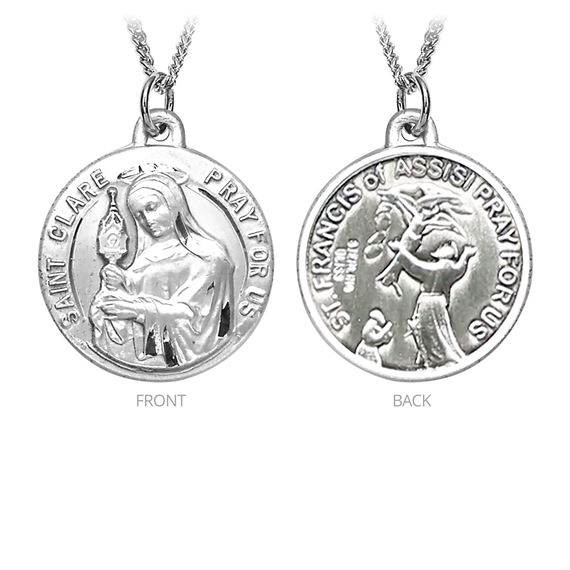 STERLING SILVER ST. CLARE & ST. FRANCIS DUAL MEDAL ON AN 18"  CHAIN