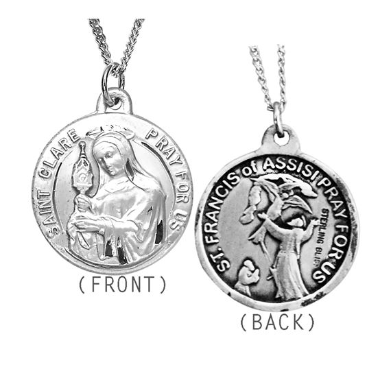 STERLING SILVER ST. CLARE & ST. FRANCIS DUAL MEDAL ON AN 18" STERLING CHAIN
