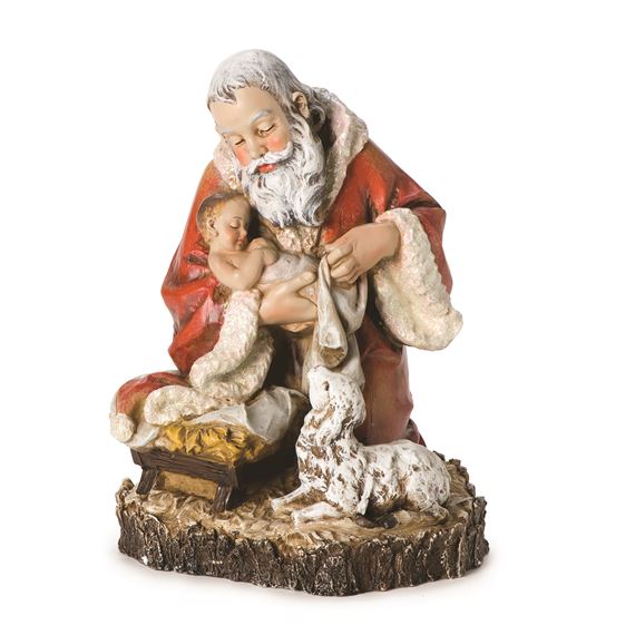 KNEELING SANTA HOLDING BABY JESUS WITH TREE BARK BASE
