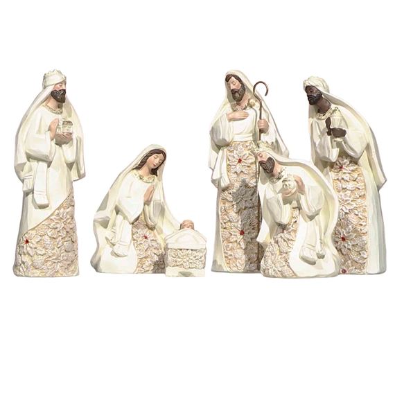 SIX PIECE NATIVITY SET WITH POINSETTIA PATTERN