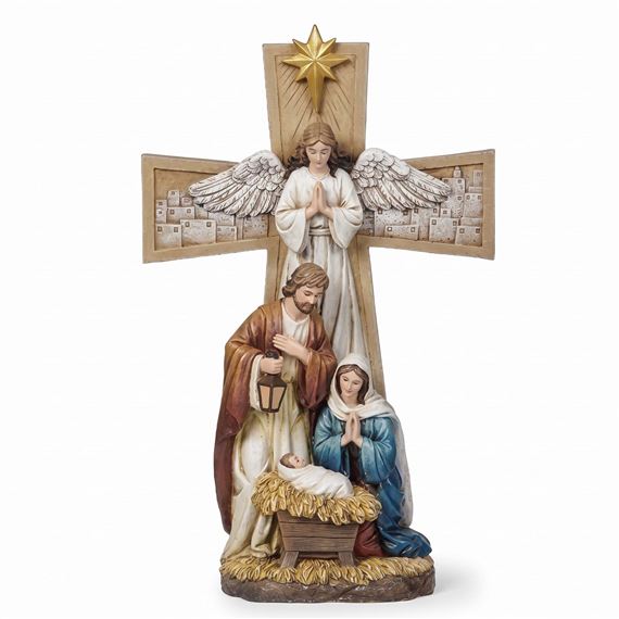 HOLY FAMILY NATIVITY WITH ANGEL CROSS - 12"