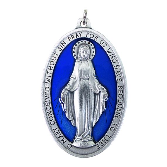 LARGE MIRACULOUS MEDAL WITH BLUE ENAMEL - 3½"