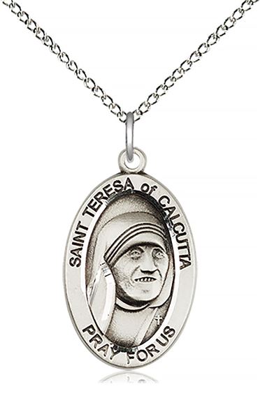 STERLING SILVER SAINT TERESA OF CALCUTTA PENDANT WITH CHAIN - 7/8" x 1/2"
