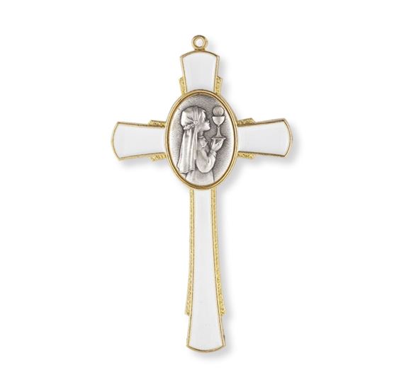 GOLD AND WHITE 5" COMMUNION CROSS - GIRL