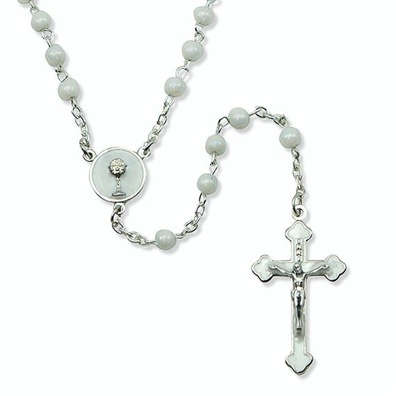 WHITE GLASS BEAD FIRST COMMUNION ROSARY