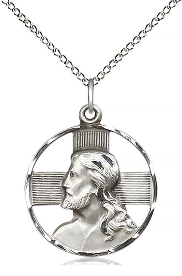 STERLING SILVER HEAD OF CHRIST PENDANT WITH CHAIN - 7/8" x 3/4"