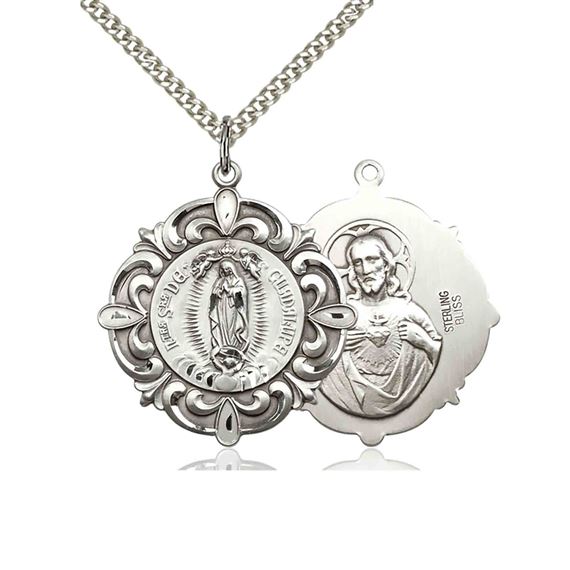 STERLING SILVER OUR LADY OF GUADALUPE PENDANT WITH CHAIN - 1 1/4" x 1 1/8"