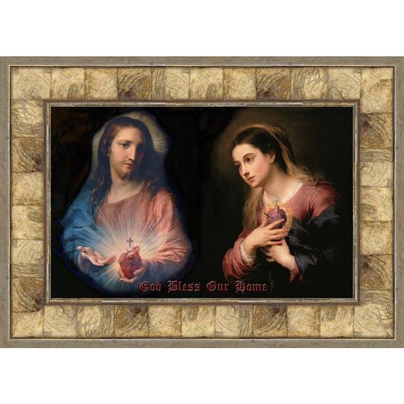 "GOD BLESS OUR HOME" SACRED AND IMMACULATE HEARTS FRAMED PRINT