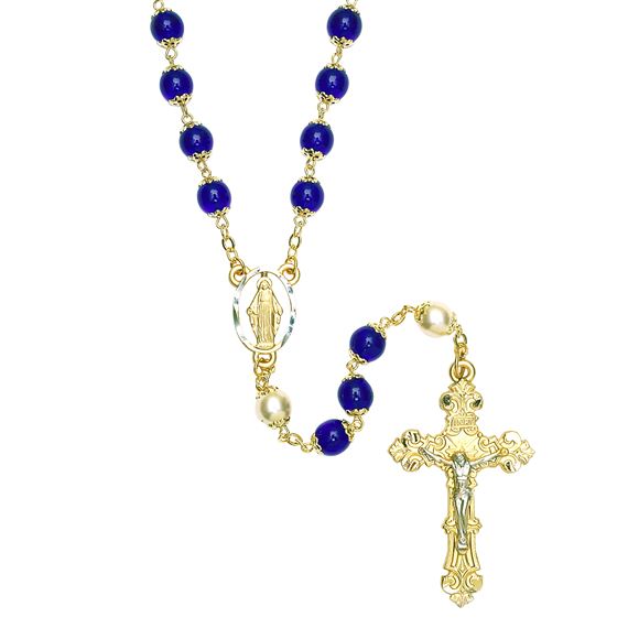 DARK BLUE GLASS BEAD GOLD-PLATED ROSARY