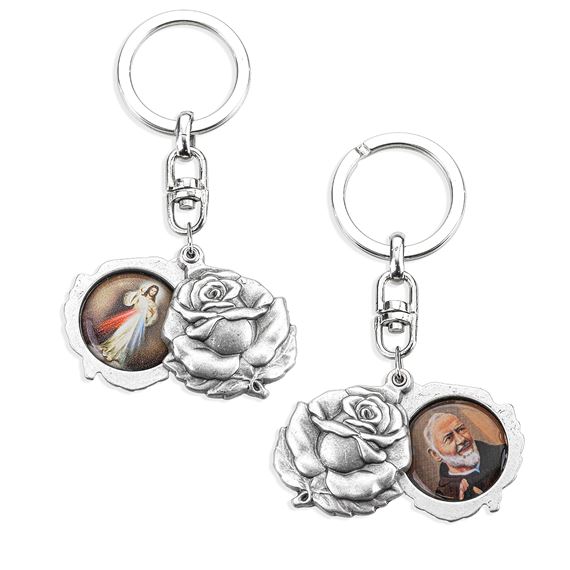 DIVINE MERCY AND PADRE PIO PEWTER ROSE BUD KEY CHAIN