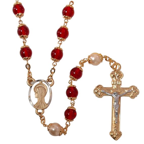 RED AND PEARL GLASS BEAD ROSARY