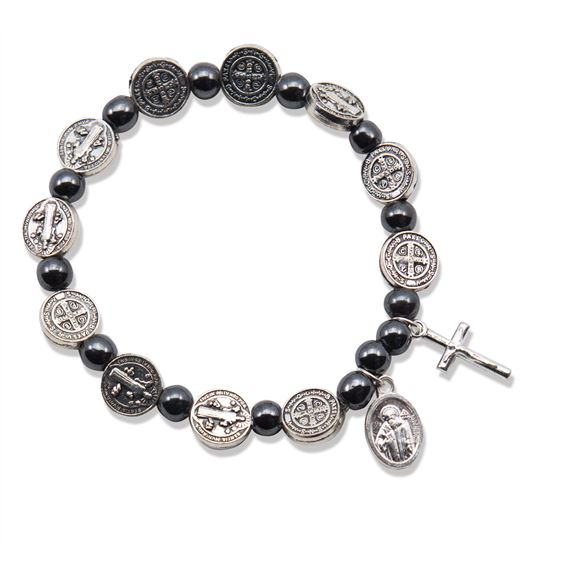 HEMATITE ST. BENEDICT STRETCH ROSARY BRACELET