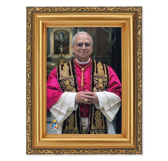 POPE LEO XIV OFFICIAL PORTRAIT IN ANTIQUED GOLD FRAME (5 ½” x 7")