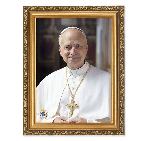 POPE LEO XIV IN WHITE CASSOCK - ANTIQUED GOLD FRAME (5 ½” x 7”)