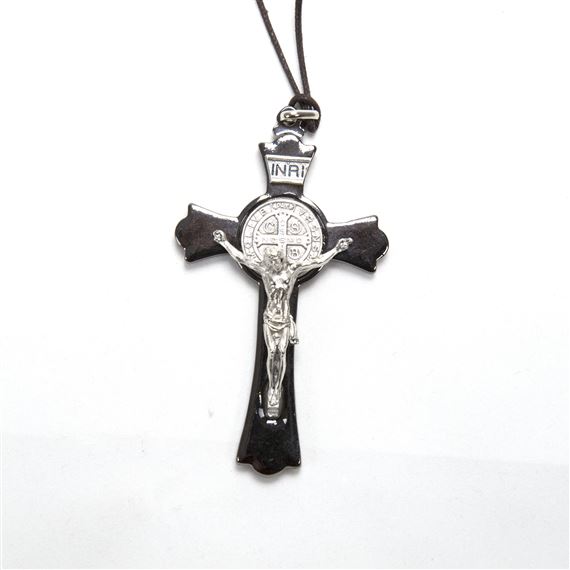 BLACK CRUCIFIX WITH SILVER ST. BENEDICT MEDAL