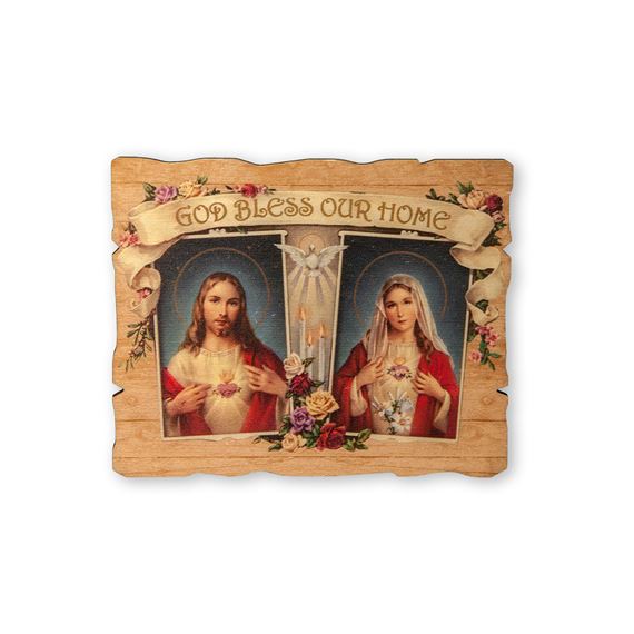 THE SACRED HEARTS VINTAGE WOOD PLAQUE - 5 1/4" x 4 1/4"