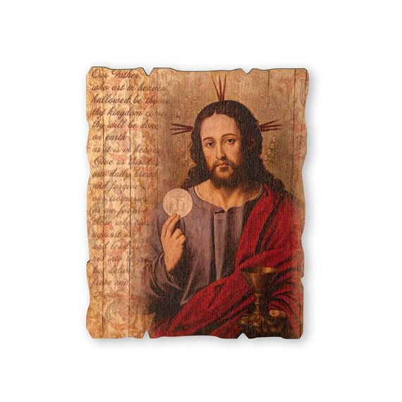 EUCHARISTIC WOOD WALL PLAQUE WITH OUR FATHER PRAYER - 4 1/4" X 5 1/4"