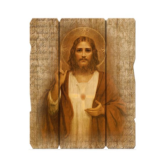 SACRED HEART OF JESUS VINTAGE WOOD PLAQUE - 9"