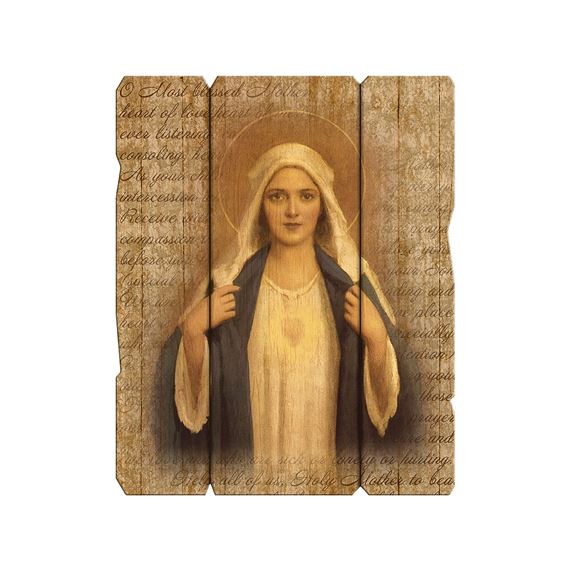 IMMACULATE HEART OF MARY VINTAGE WOOD PLAQUE - 7 1/2" x 9"