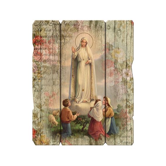 OUR LADY OF FATIMA VINTAGE WOOD PLAQUE - 9"
