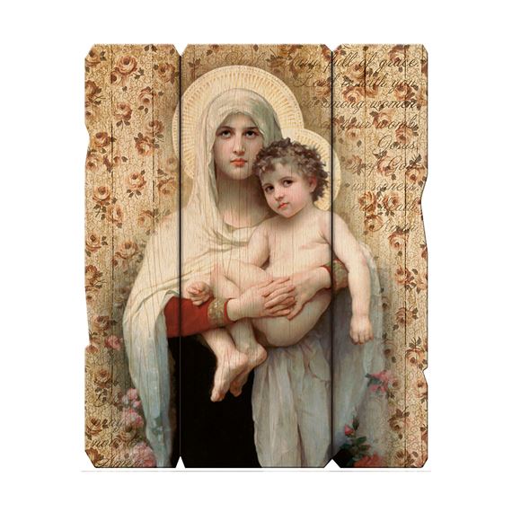 MADONNA OF THE ROSES VINTAGE WOOD PLAQUE - 14"