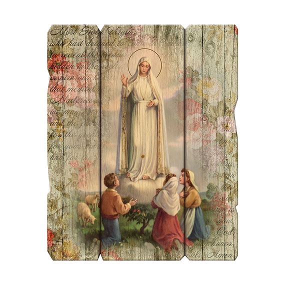 OUR LADY OF FATIMA VINTAGE WOOD PLAQUE- 14”